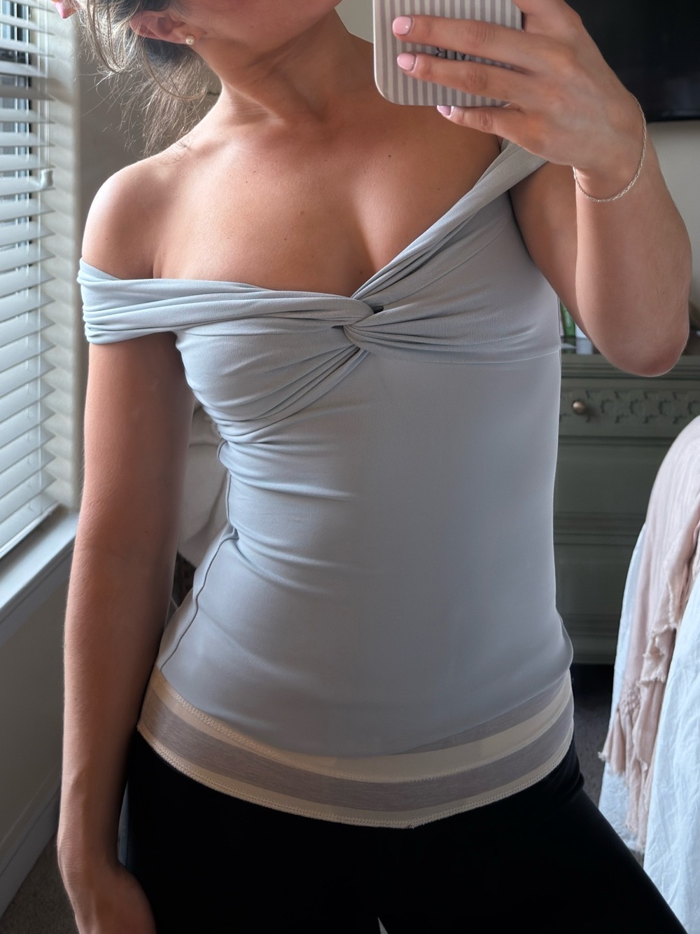 Aritzia Off-Shoulder Twist-Front Camisole in Light Gray